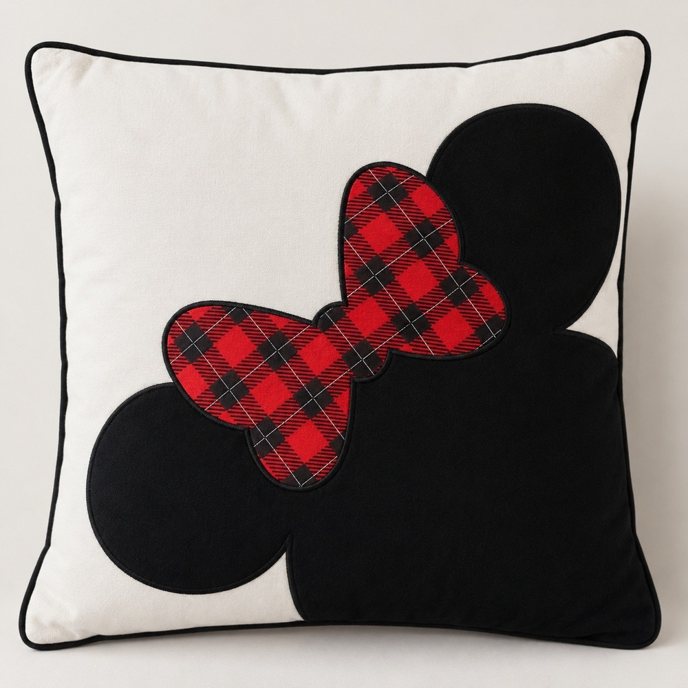 Disney Minnie Mouse Holiday Throw Pillow Cover only Buffalo Plaid Bow 18.5in